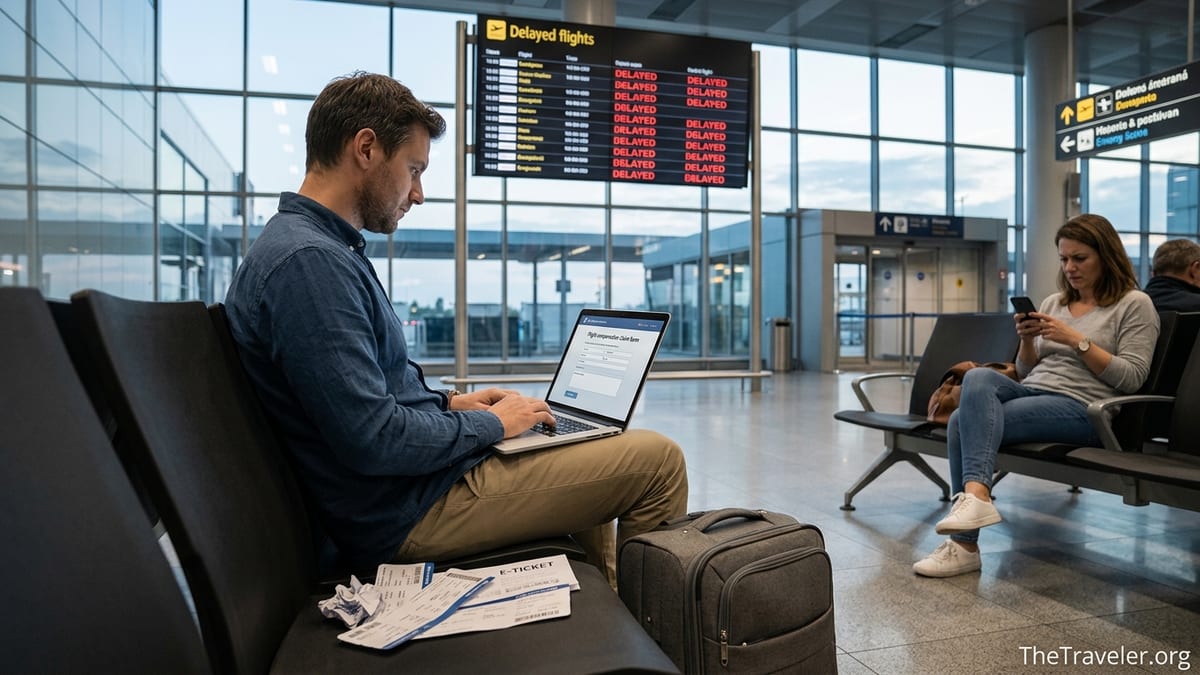 Traveler in a European airport checking flight compensation options on a laptop near a delayed flights board.