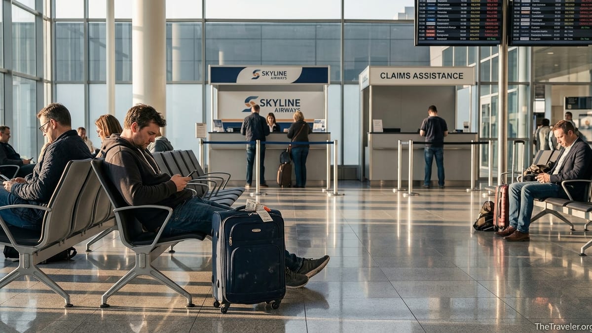 Traveler in a European airport choosing between airline desk and claims assistance after a delay.