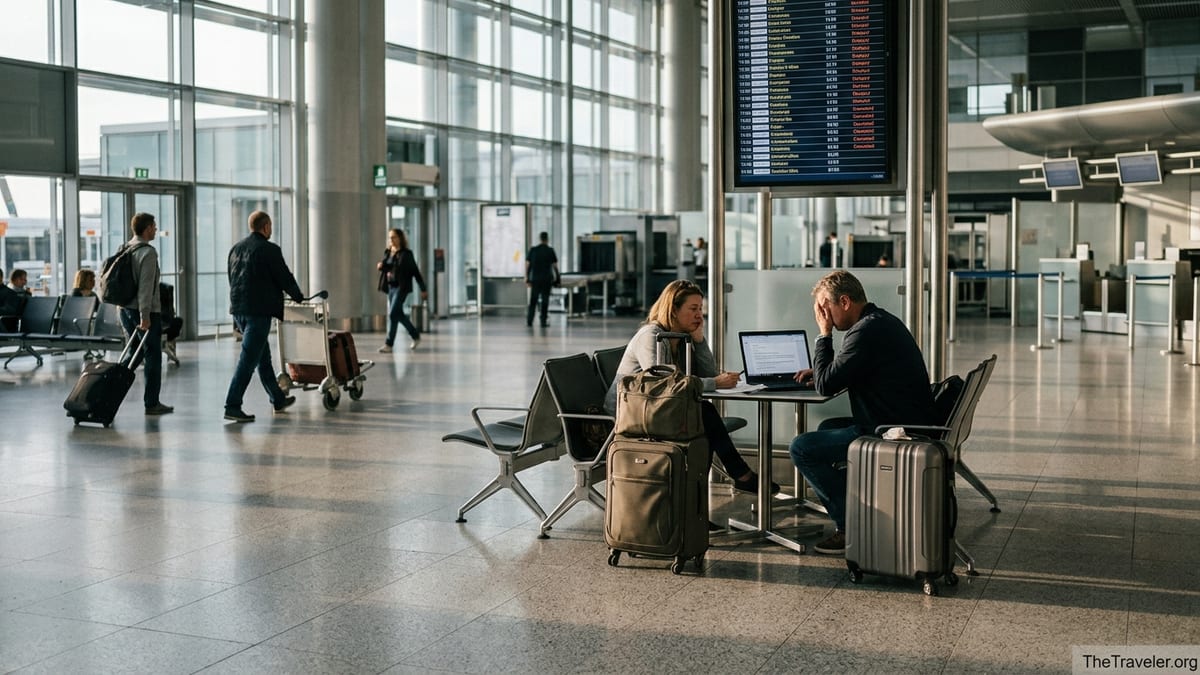 Travelers in a busy European airport terminal checking a laptop about flight delay compensation.
