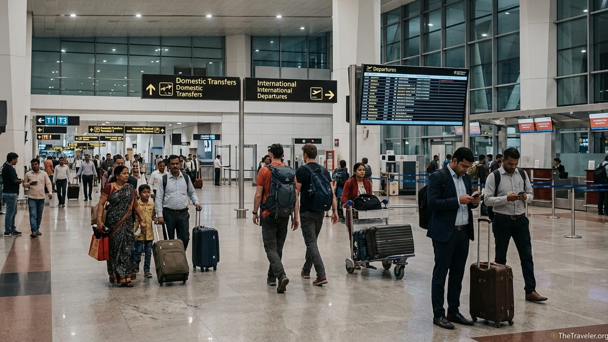 Travelers transferring between domestic and international flights inside Delhi Airport Terminal 3.