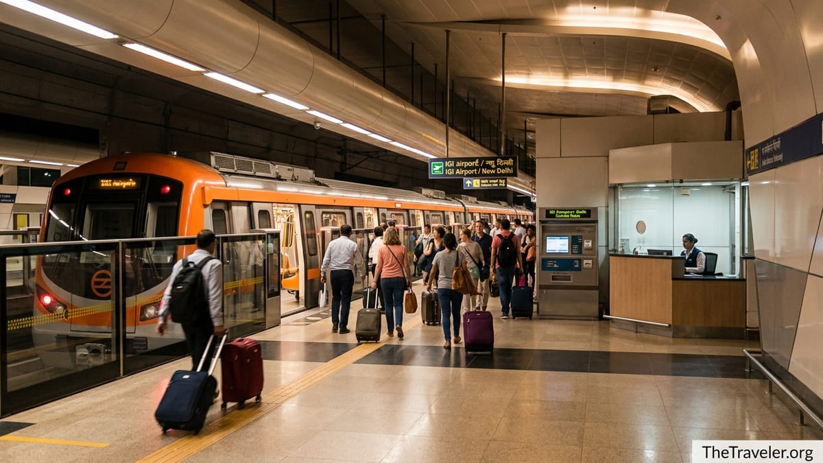 Passengers with luggage board the Delhi Airport Express metro train at IGI Airport Terminal 3 station.
