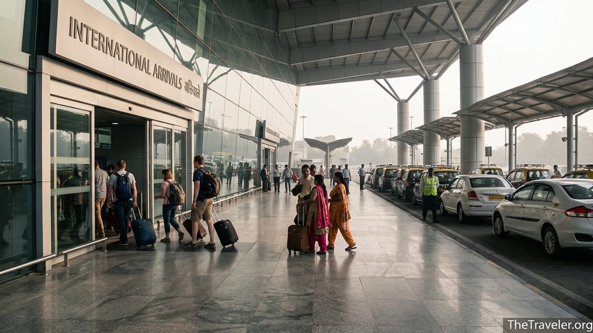 Arriving passengers and taxis outside Terminal 3 at Delhi Indira Gandhi International Airport.