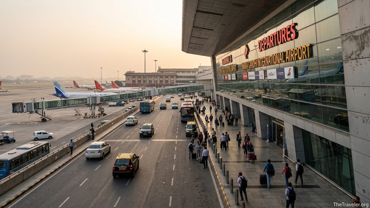 Exterior view of Delhi Airport terminals with passengers, taxis and aircraft at sunset.
