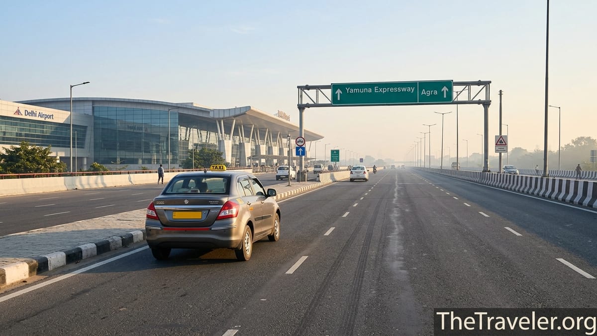 Taxi leaving Delhi Airport on highway toward Agra and Yamuna Expressway at sunrise.
