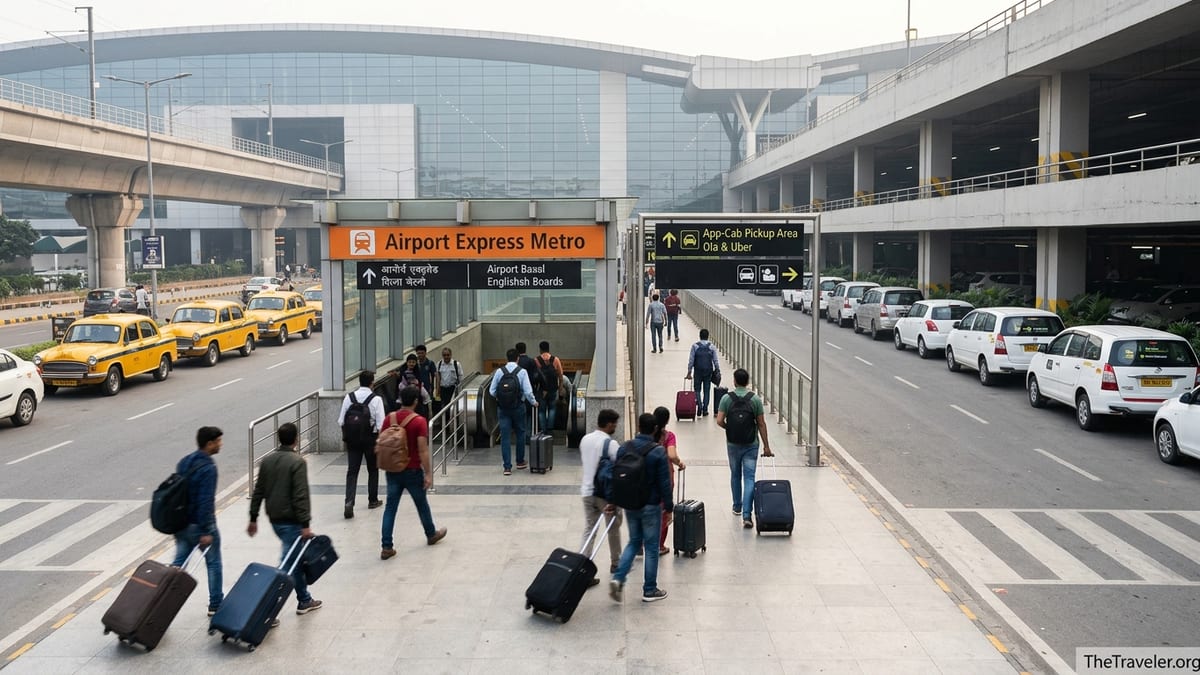 Travelers outside Delhi Airport choosing between metro, taxis and app cabs to reach the city center.