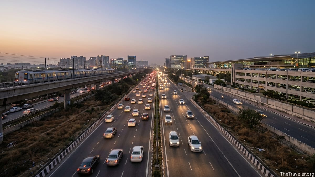 Traffic and metro line connecting Delhi airport to Gurgaon business skyline at dusk.