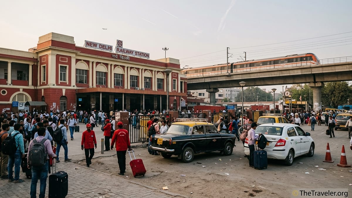 Busy forecourt outside New Delhi Railway Station with taxis, app cabs, and travelers with luggage in soft afternoon light.