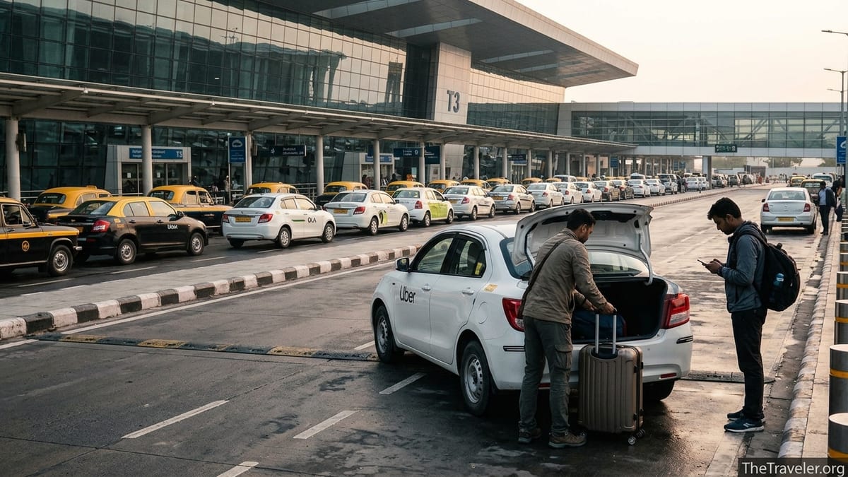 Travellers boarding app cabs and taxis outside Delhi Airport Terminal 3 at sunrise.