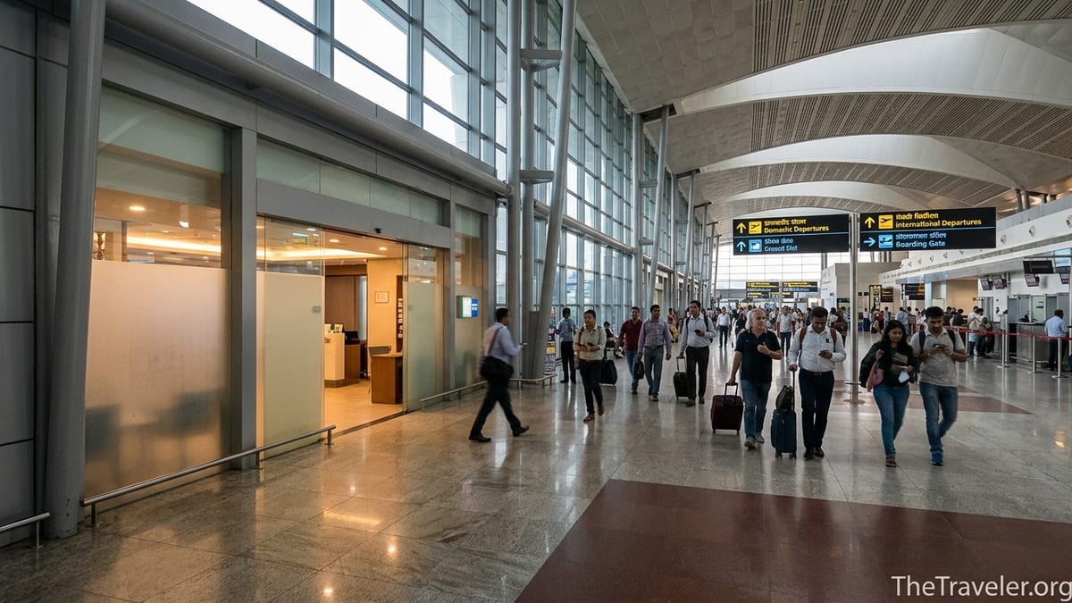 Entrance to the transit hotel inside Delhi Airport Terminal 3 near the busy departures hall.