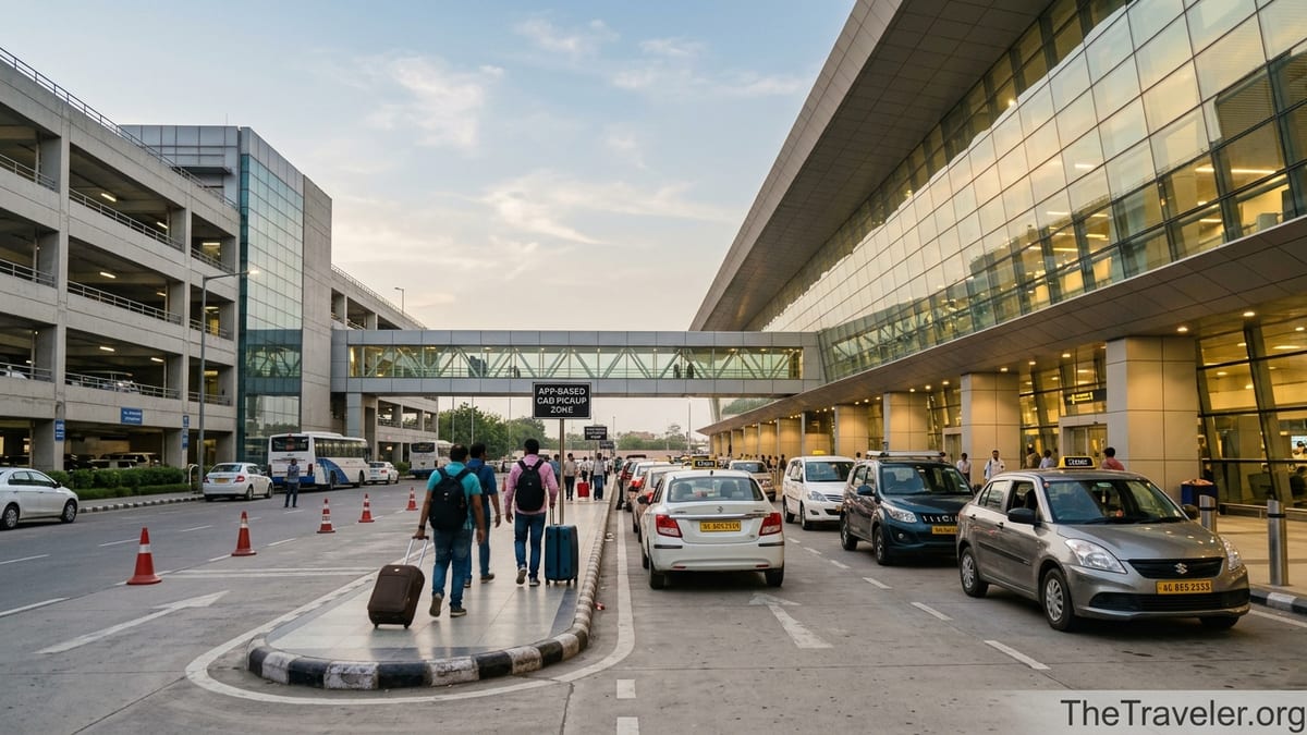 Travelers walking from Delhi Airport Terminal 3 to the multi-level parking Uber pickup zone at dusk.
