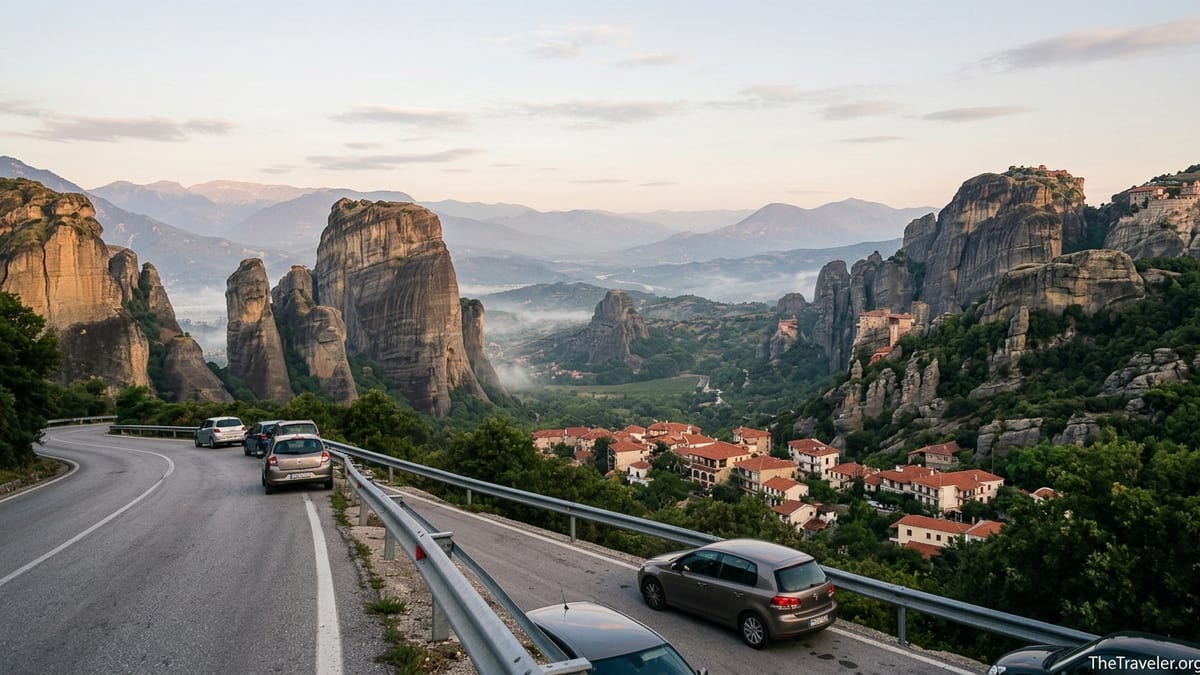 Sunrise over Meteora rock pillars and Kastraki village seen from a roadside viewpoint near Kalambaka.
