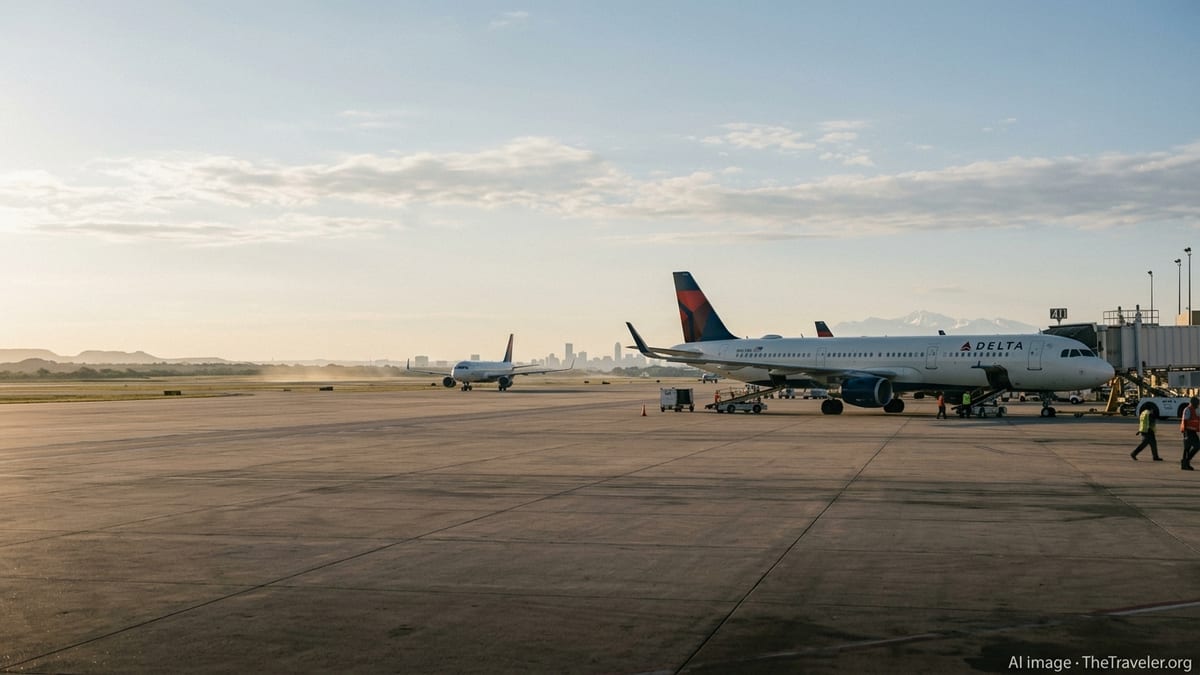 Delta aircraft at the gate in Austin at sunrise with runway activity in the background.