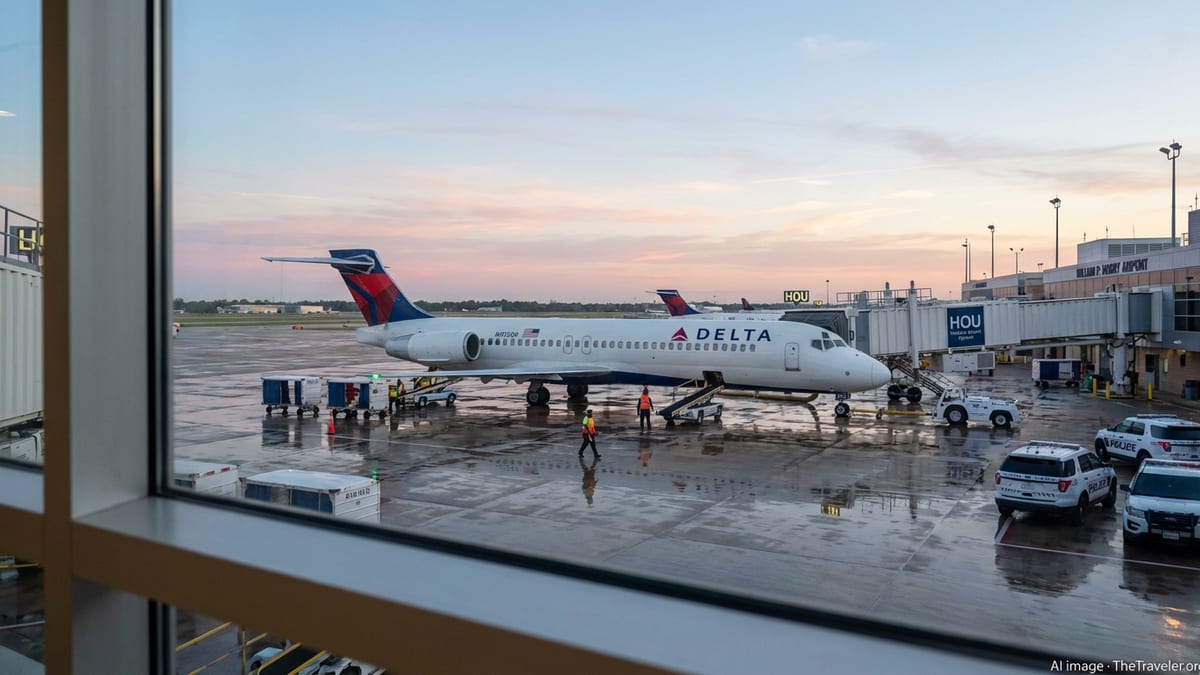 Delta jet at Houston Hobby gate at dawn with police vehicles nearby on wet tarmac.