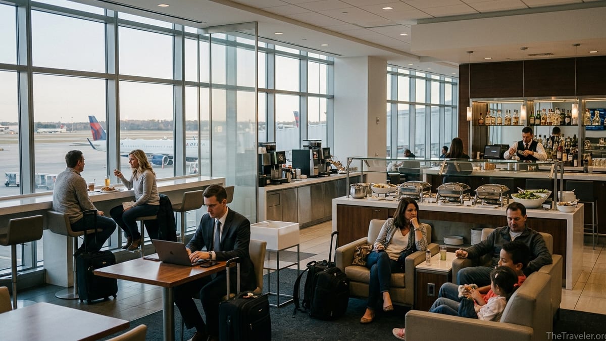 Travelers working and relaxing inside a Delta Sky Club lounge overlooking the airport tarmac.