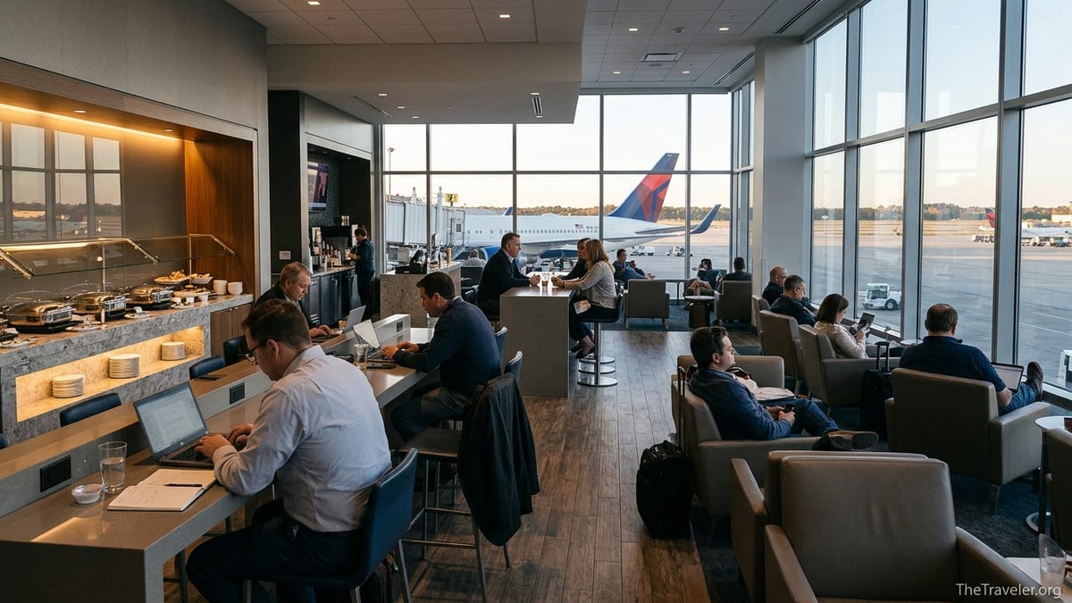 Travelers relaxing and working inside a bright Delta Sky Club lounge with runway views.