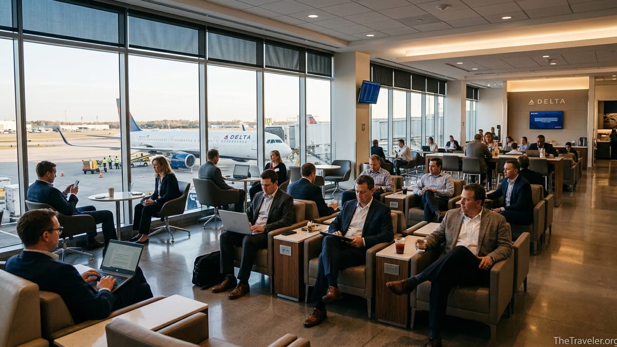 Travelers working and relaxing inside a busy Delta Sky Club lounge overlooking the airport tarmac.