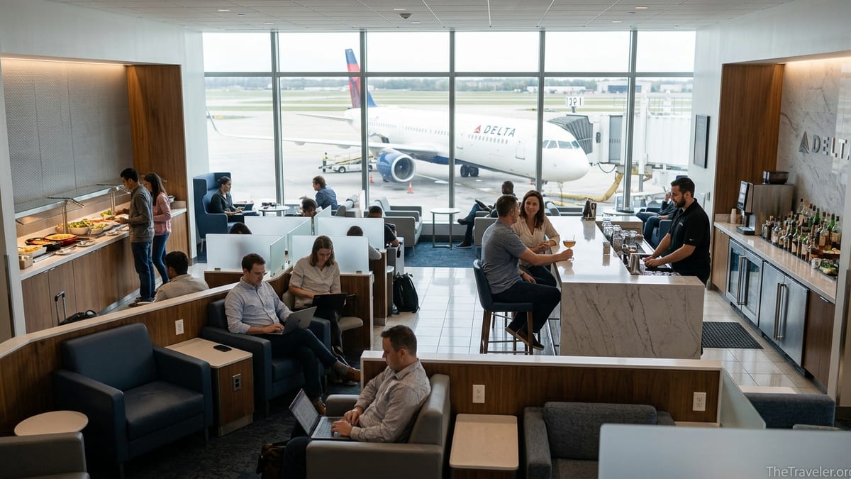 Travelers relaxing and working inside a bright Delta Sky Club overlooking the runway.