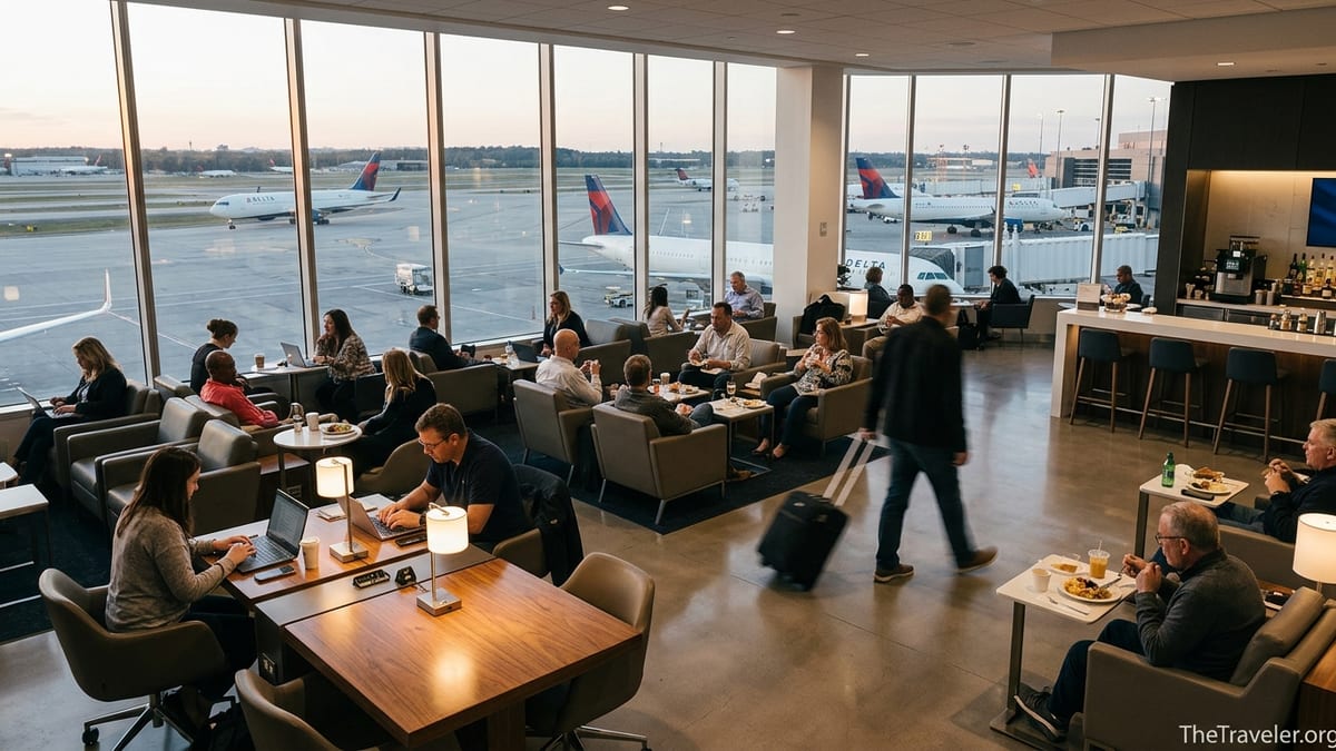 Travelers relaxing and working inside a busy Delta Sky Club lounge overlooking airport runways.