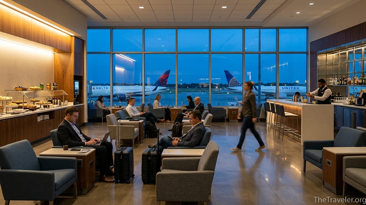 Travelers relaxing in a modern airport lounge with Delta and United planes visible outside the windows.