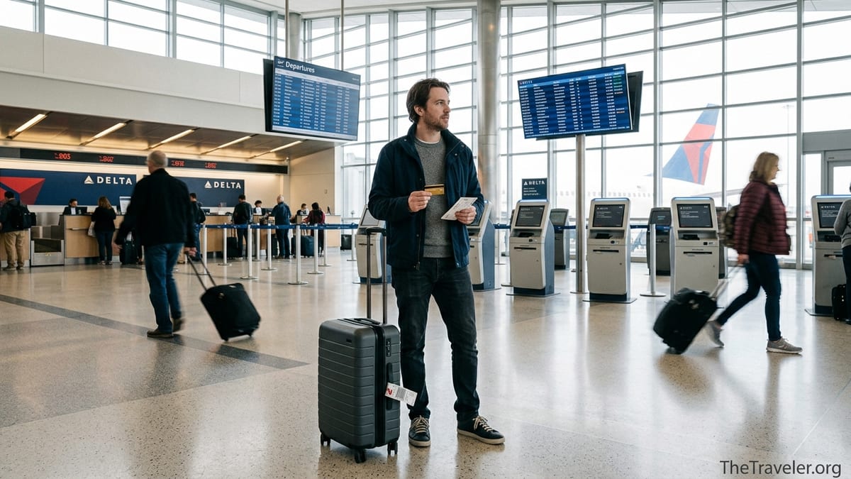 Traveler holding a gold credit card at a Delta check-in area in a busy airport terminal.