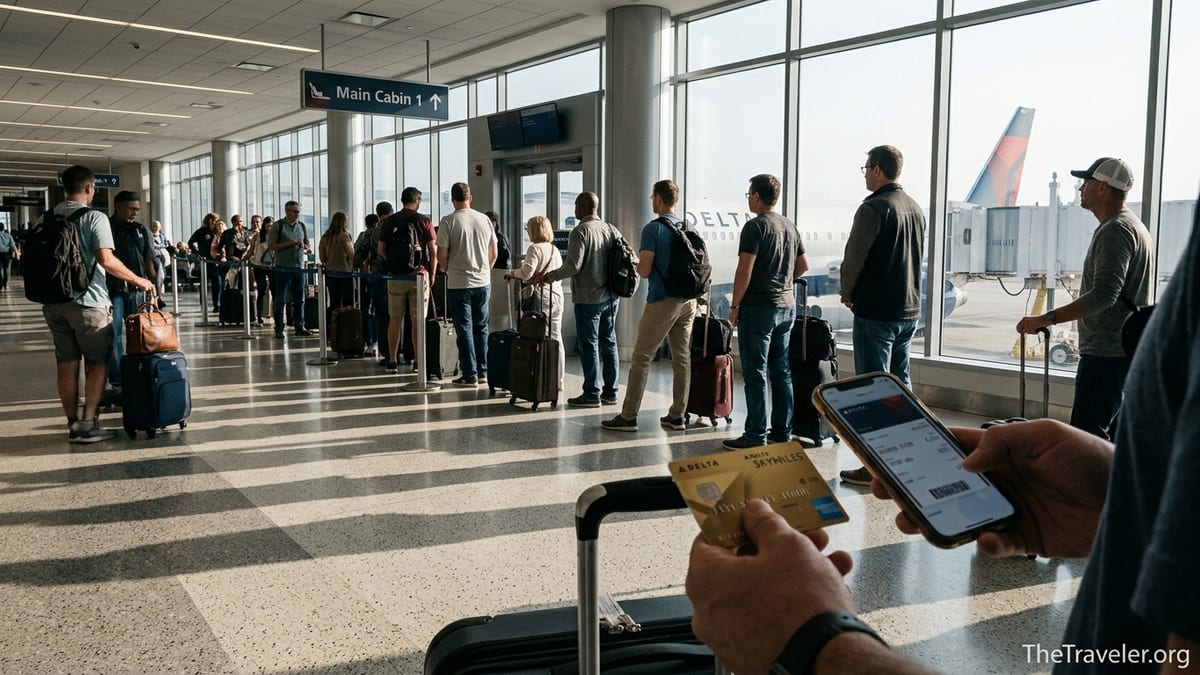 Traveler holding a Delta SkyMiles Gold Amex card at a busy Delta boarding gate in a modern airport.