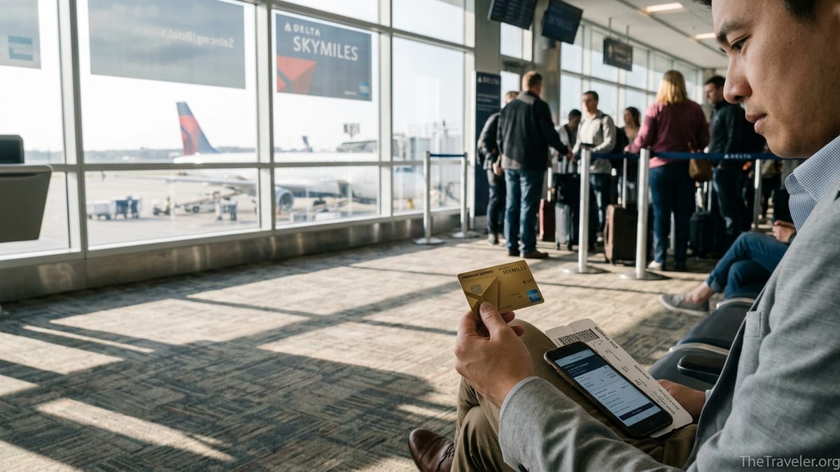 Traveler at a Delta boarding gate examining a SkyMiles Gold Amex while passengers line up to board.