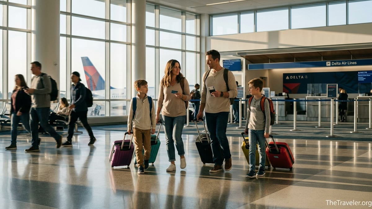 Family walking through an airport terminal toward Delta check in with luggage.
