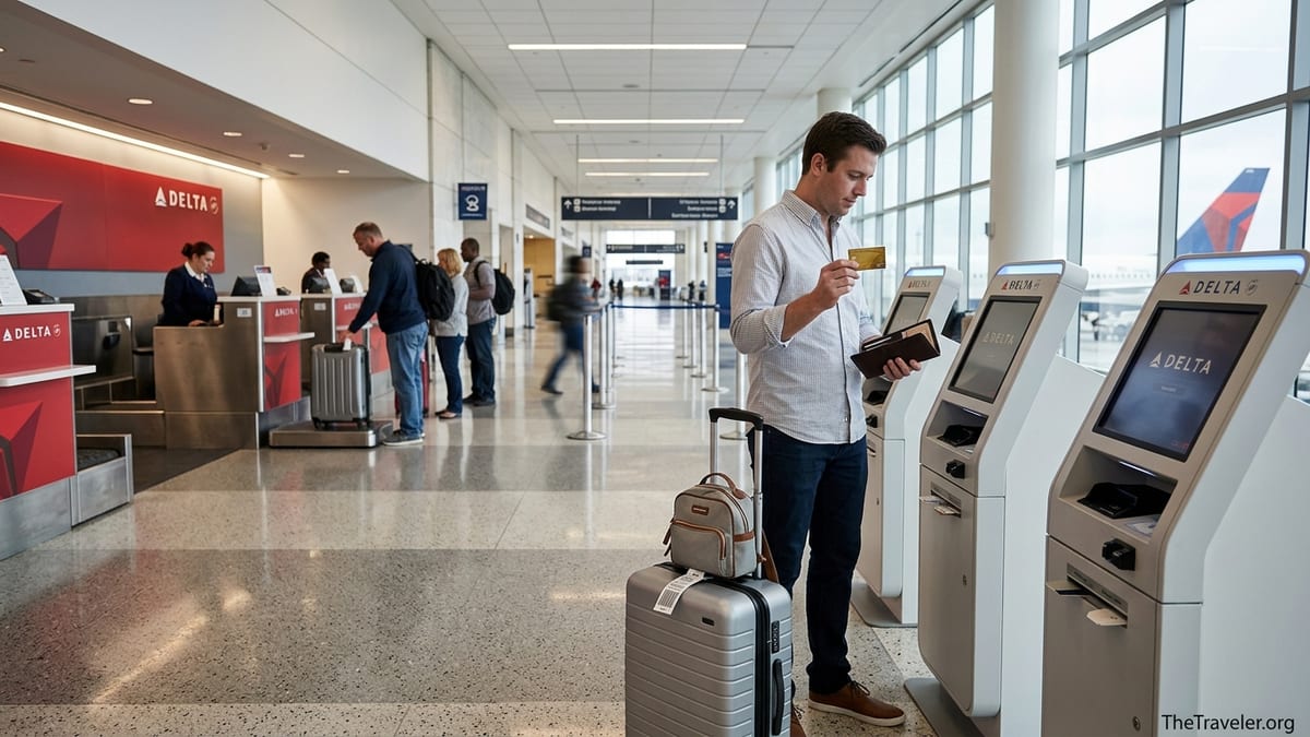 Traveler holding a gold credit card at a Delta check-in kiosk with luggage at an airport.