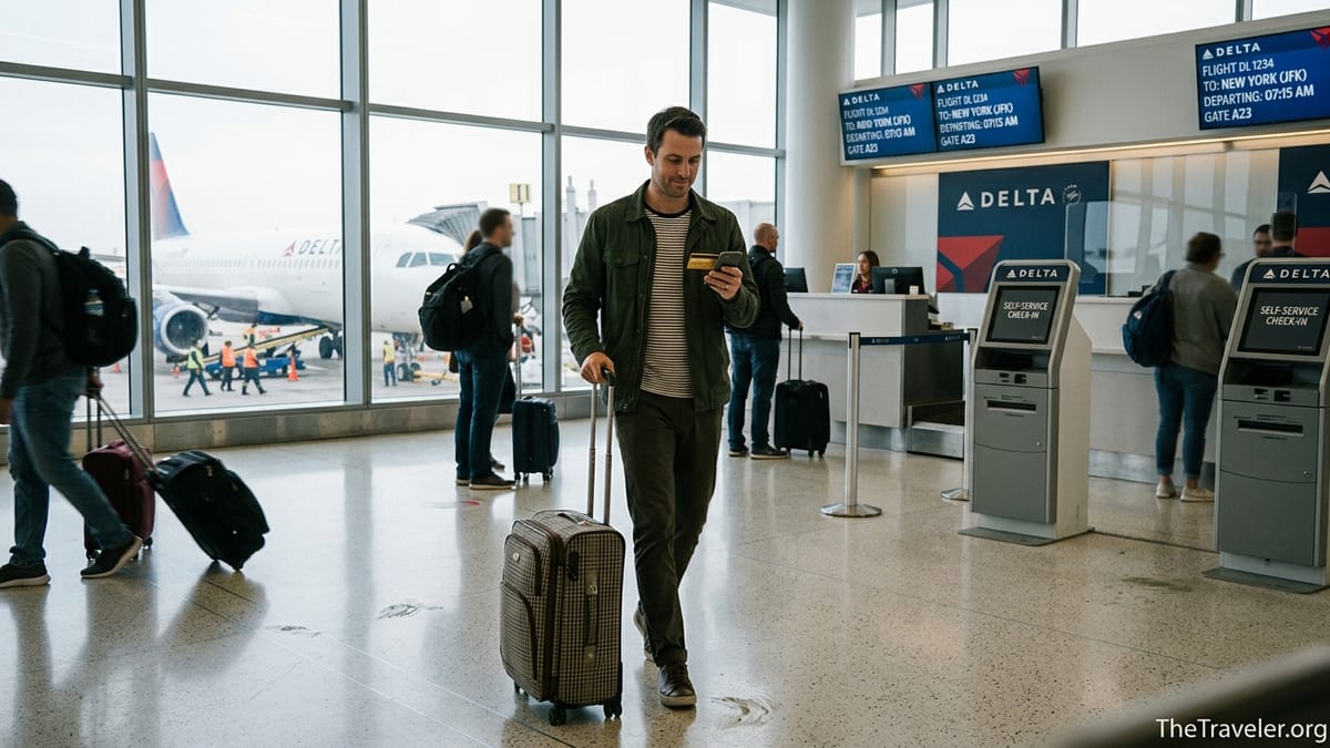 Traveler with suitcase and credit card walking toward Delta gate and bag drop in bright airport terminal.