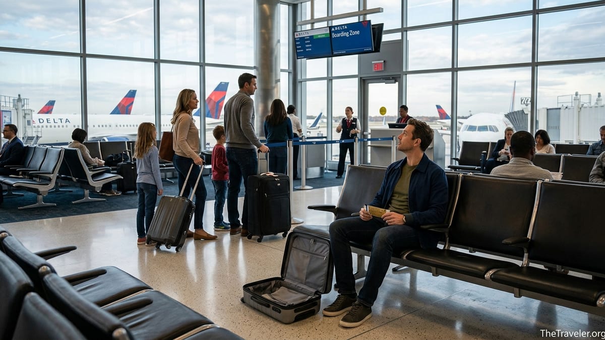 Traveler holding a Delta SkyMiles Gold Amex card at a Delta boarding gate with luggage nearby.