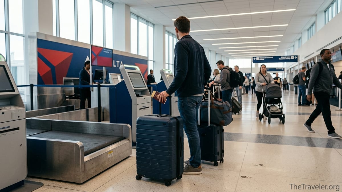 Traveler using a Delta check in bag drop with luggage and a gold credit card visible in hand.