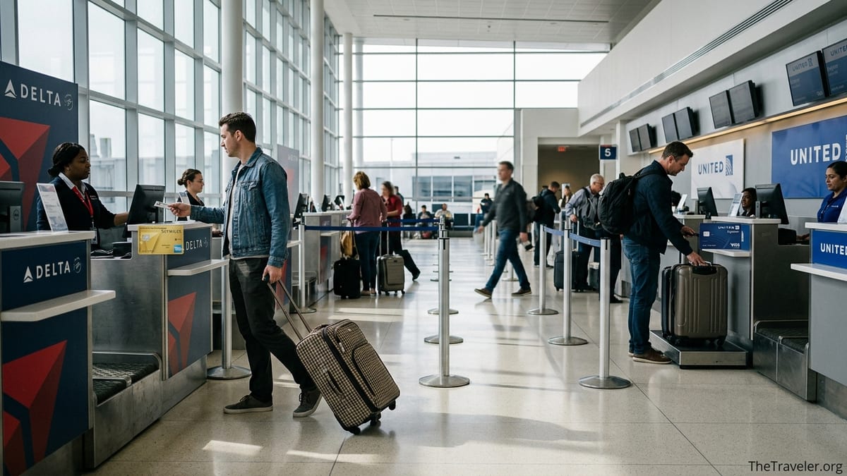 Travelers at an airport check-in counter using Delta SkyMiles Gold Amex and United Explorer cards with luggage.