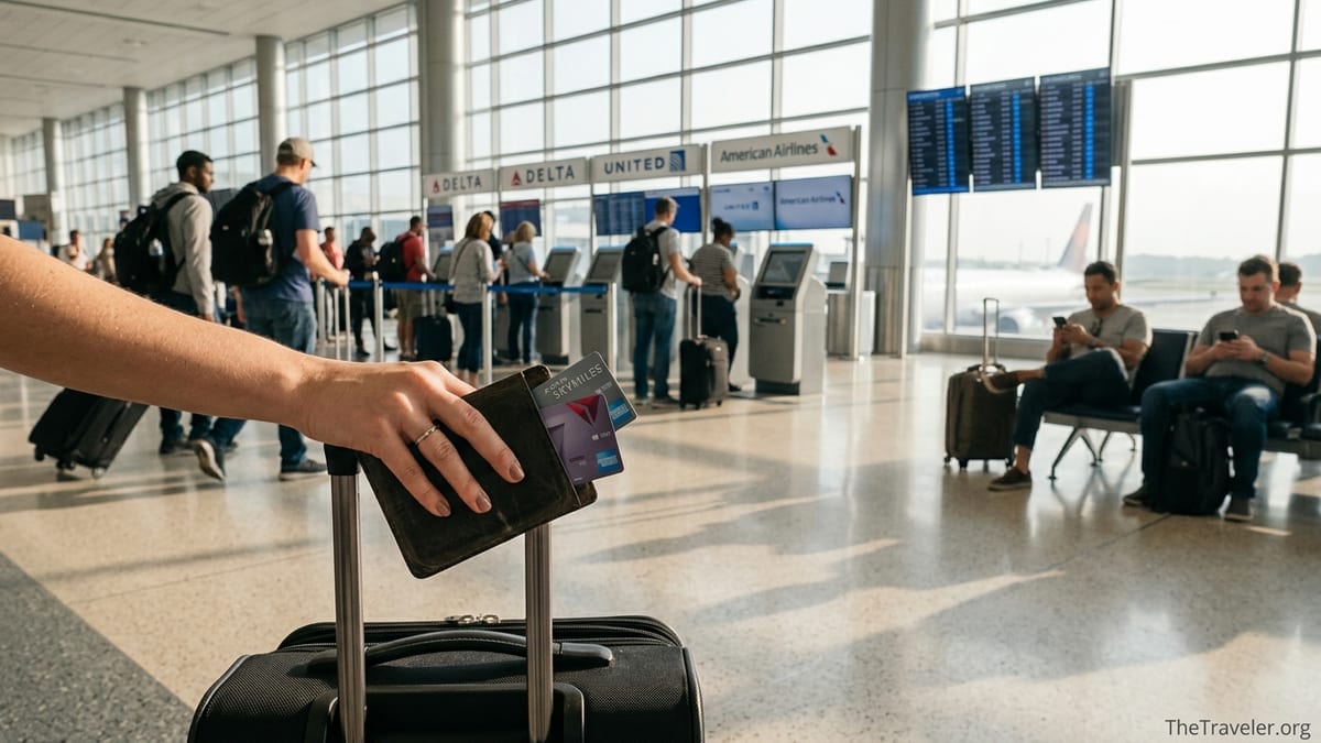 Traveler holding a wallet with airline credit cards in a busy airport terminal.