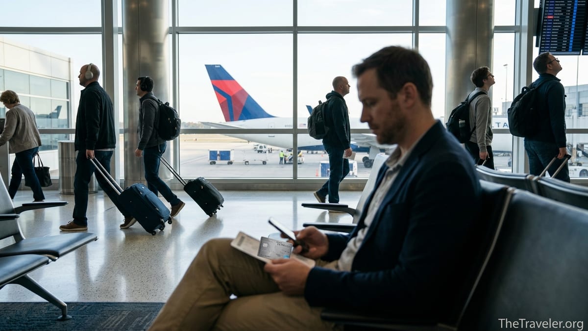 Traveler holding a Delta SkyMiles Platinum Amex card in an airport terminal with a Delta jet outside.