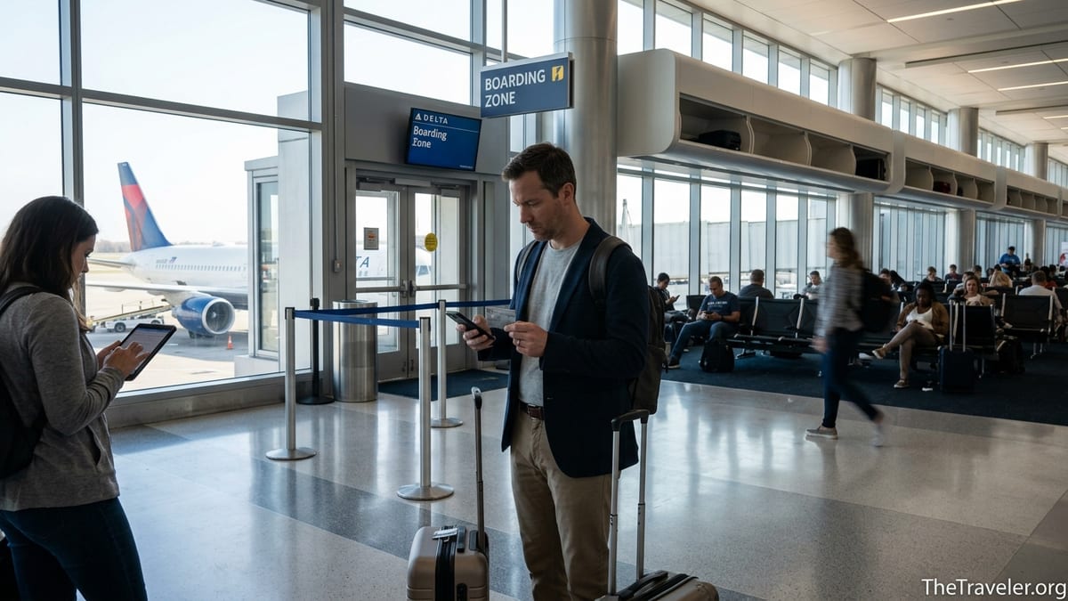Traveler at a Delta airport gate holding a credit card before boarding a flight.