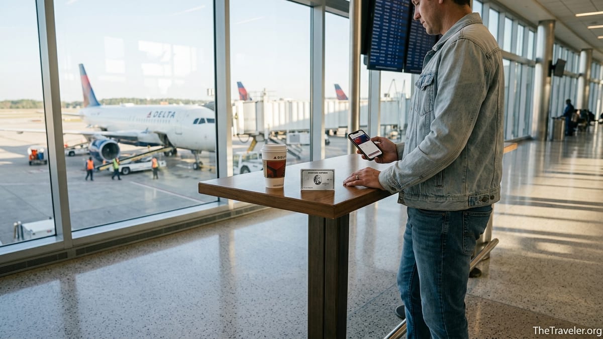 Traveler in a Delta terminal holding a phone and Delta SkyMiles Platinum Amex with a plane at the gate outside.