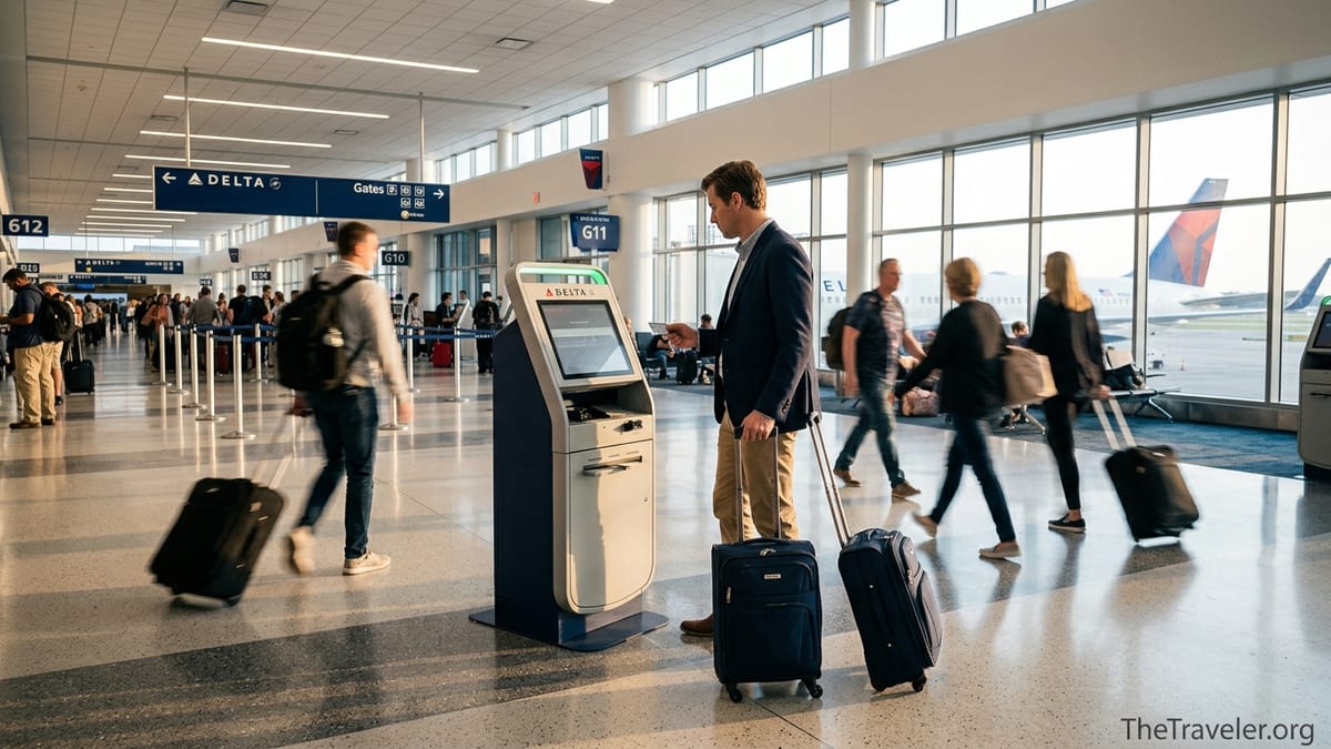 Traveler with Delta check-in kiosk holding a credit card in a bright airport terminal.