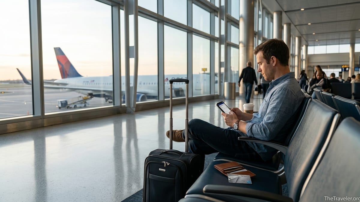 Traveler at airport gate with Delta jet outside window and credit card in hand.