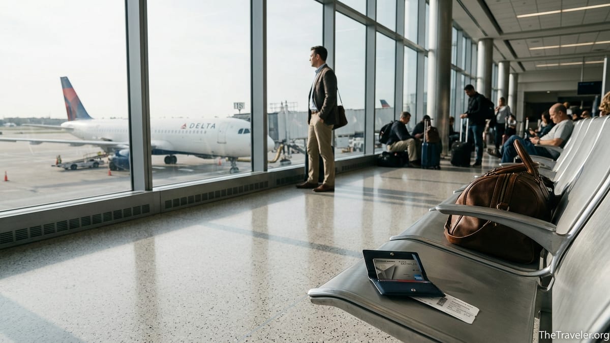Traveler at a Delta gate with wallet showing a Delta SkyMiles Platinum Amex card.
