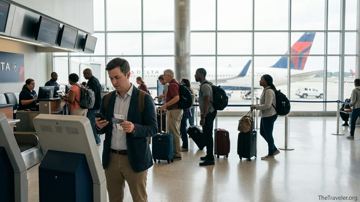 Traveler holding a Delta SkyMiles Platinum Amex at an Atlanta airport kiosk, looking uncertain.