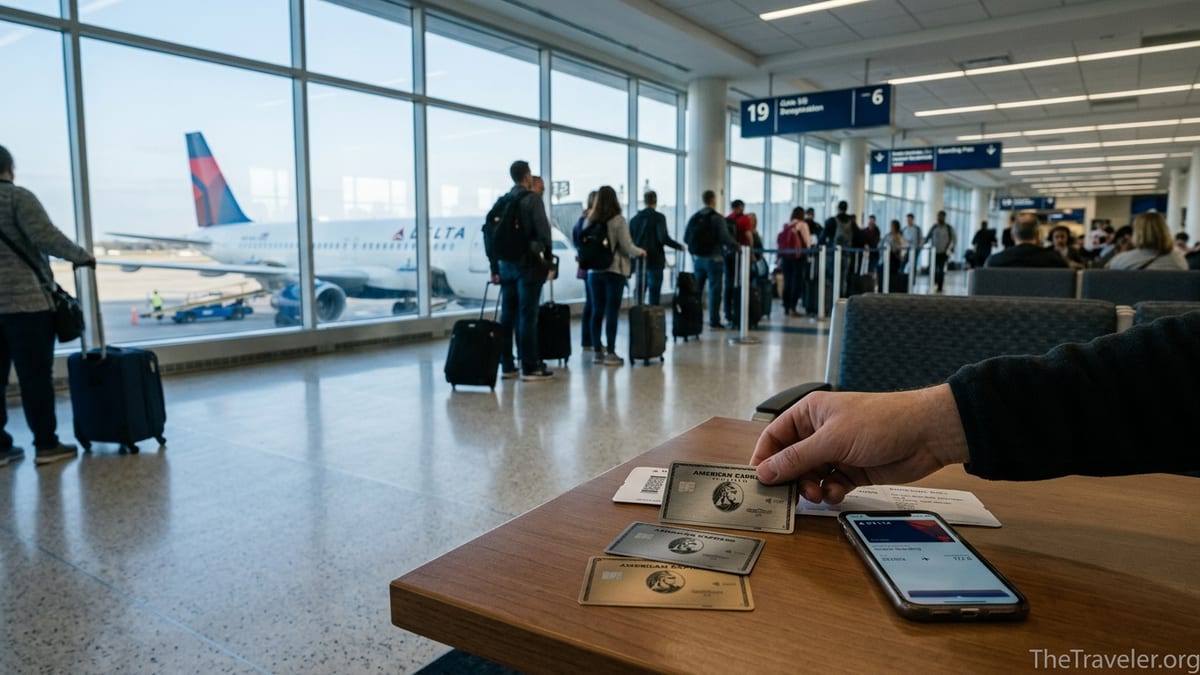 Traveler holding Delta SkyMiles Platinum and Gold Amex cards at a Delta airport gate before boarding.