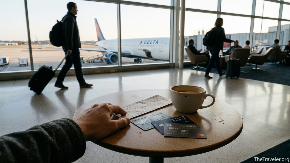 Traveler comparing Delta SkyMiles Platinum and other airline cards at an airport café with a Delta plane outside.