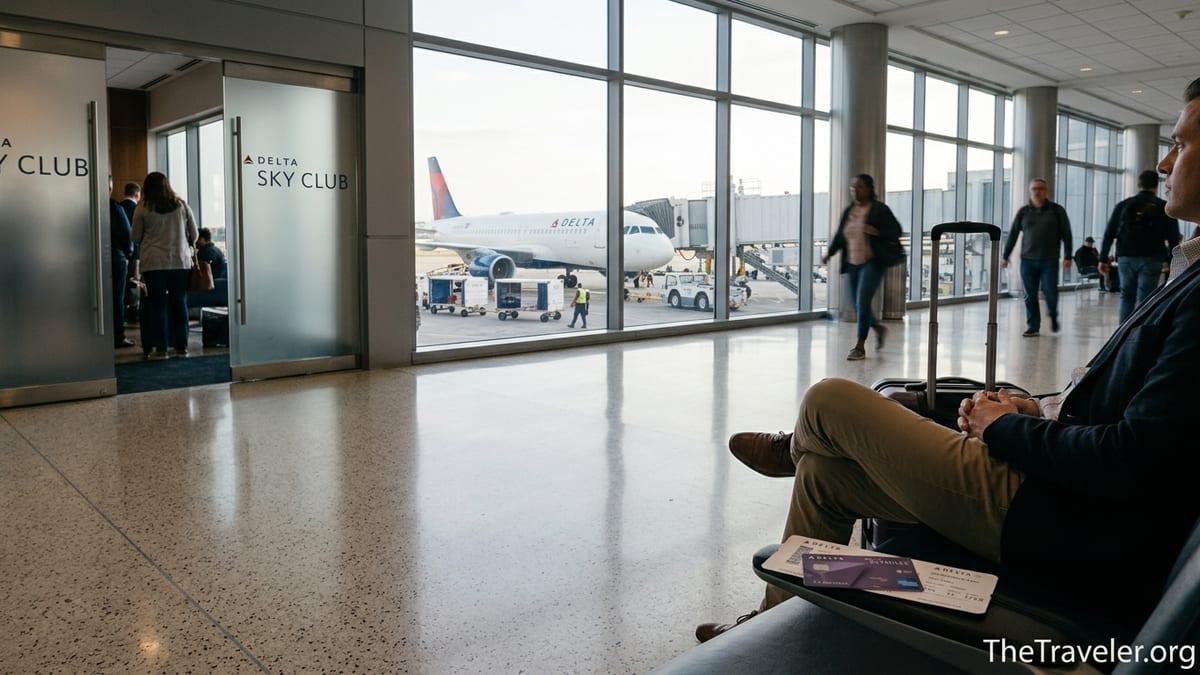 Traveler at Delta gate with carry on and Delta Reserve card near Sky Club entrance.