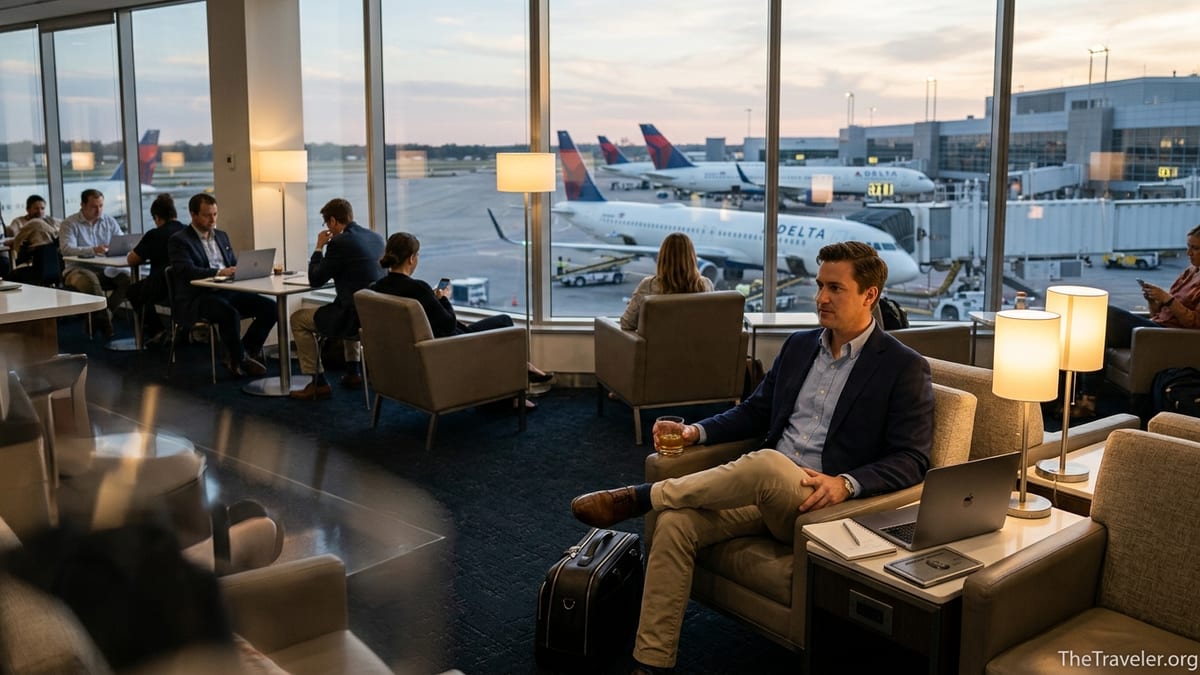 Traveler relaxing in a Delta airport lounge with planes visible through large windows.