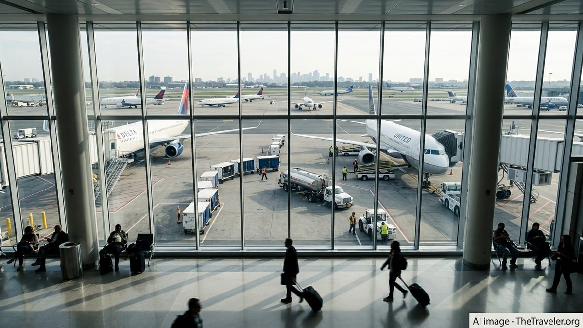 Delta and United jets parked side by side at a busy U.S. airport terminal.