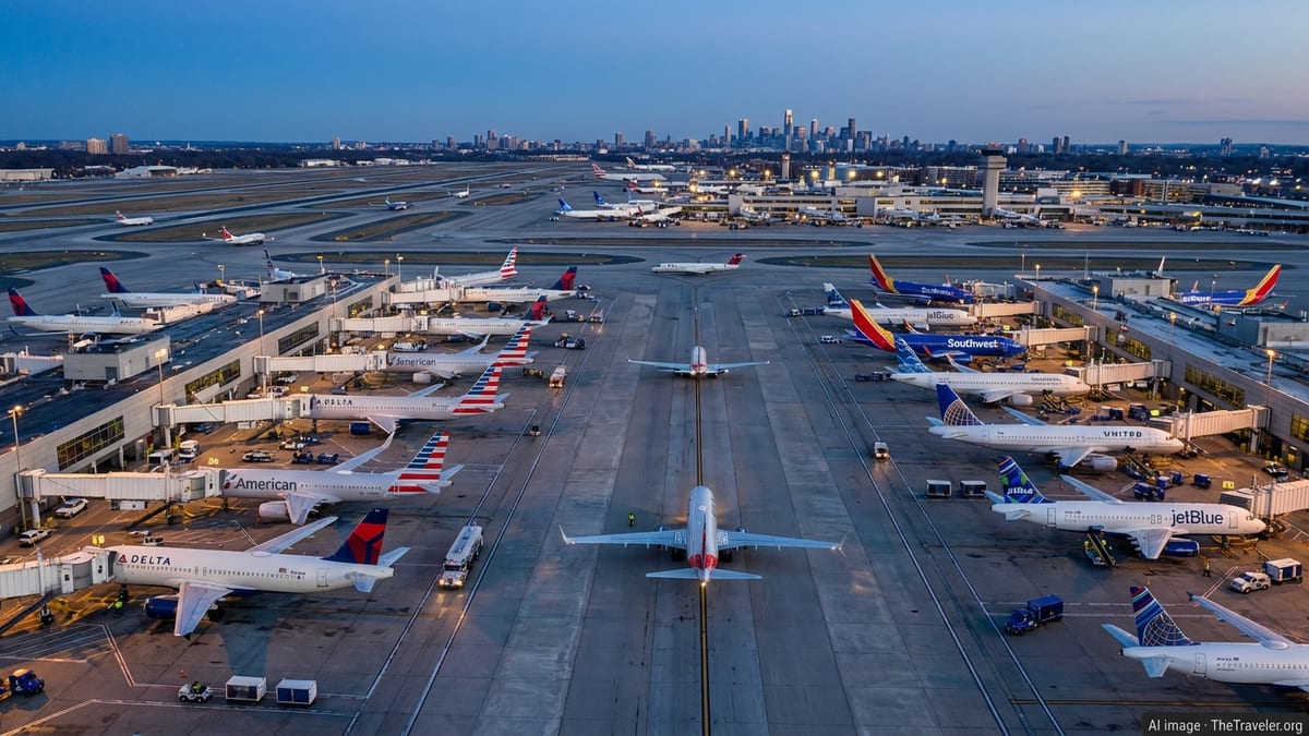 Aerial view of major U.S. airline jets lined up at gates at a busy airport hub.