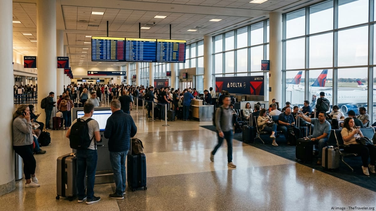 Crowded Delta Air Lines concourse with delayed flights showing on departure boards.