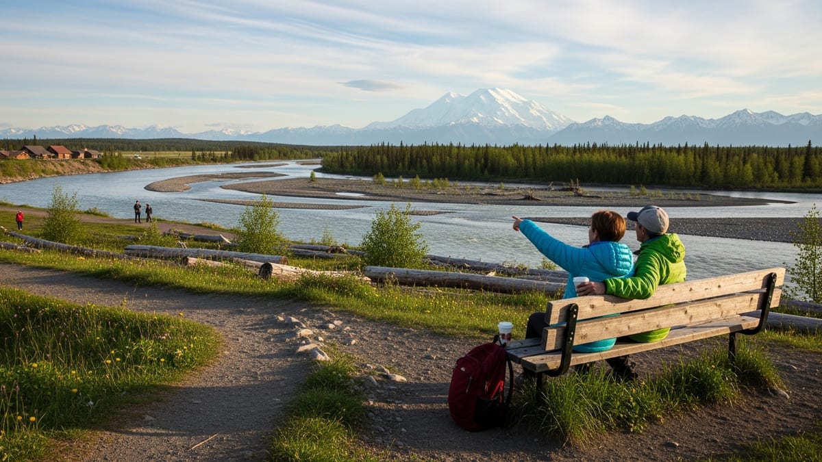 View of Denali from Talkeetna Riverfront Park with travelers on park bench. 