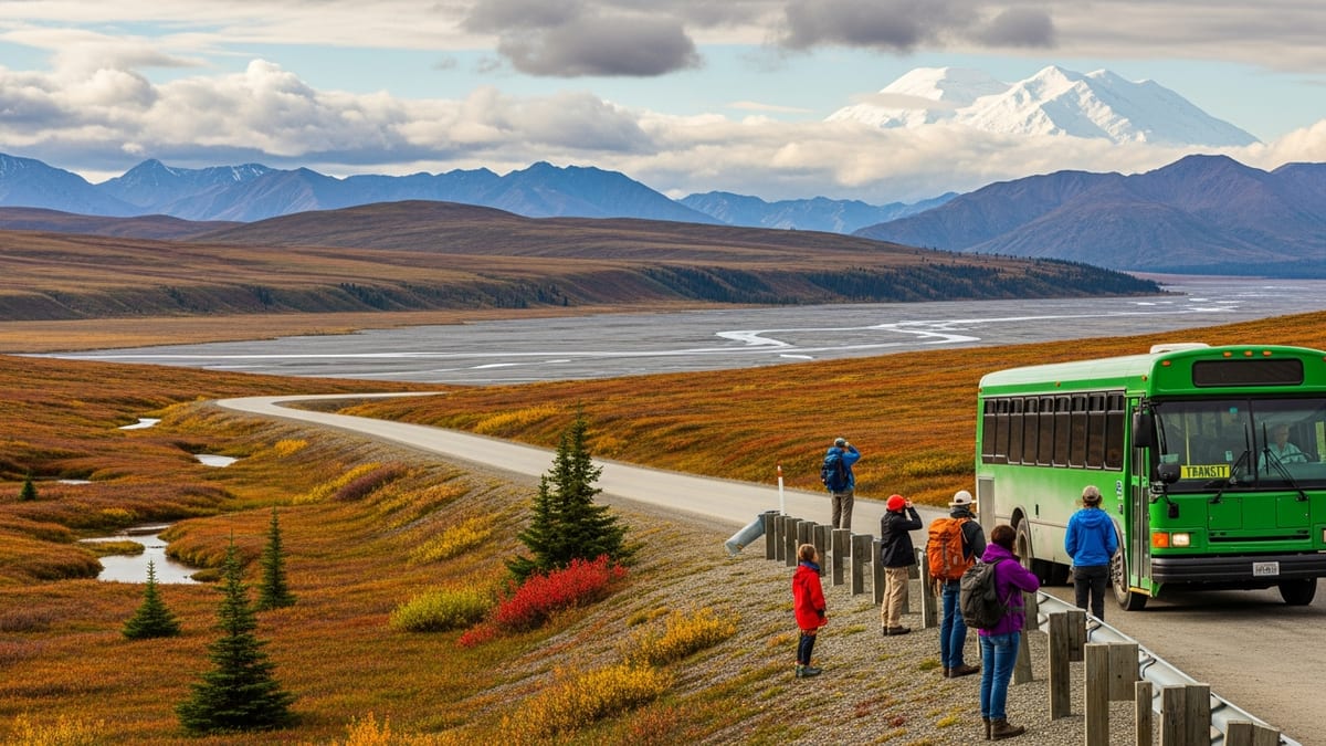 Visitors at Denali National Park with a green transit bus and distant mountains. 