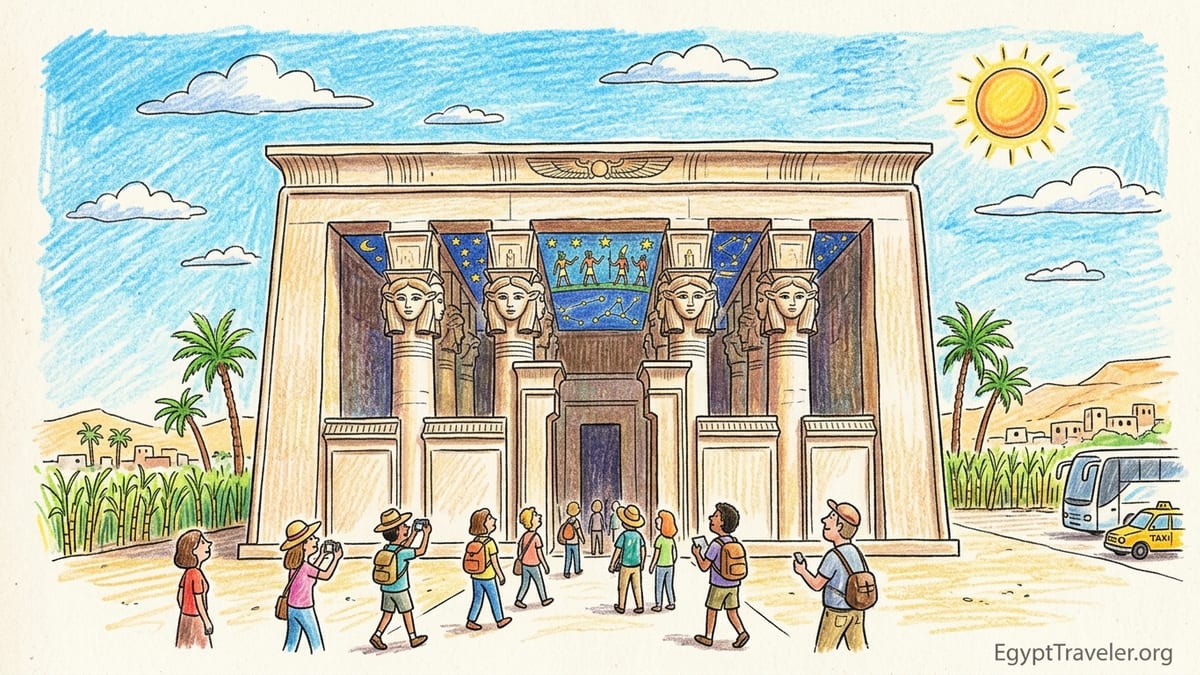 Interior of Dendera Temple hypostyle hall with Hathor-headed columns and vivid blue astronomical ceiling.